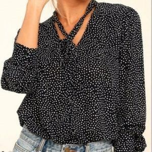 Lulus black and white polka dot blouse, long sleeves with thin neck tie